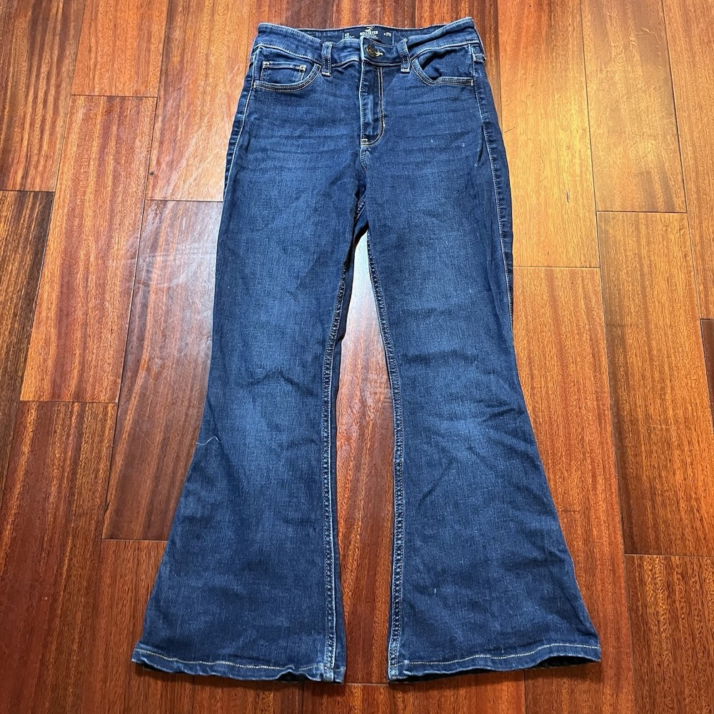 Hollister High-Rise Flare Jeans Womens 4S (26x25) Blue Dark Wash Distressed